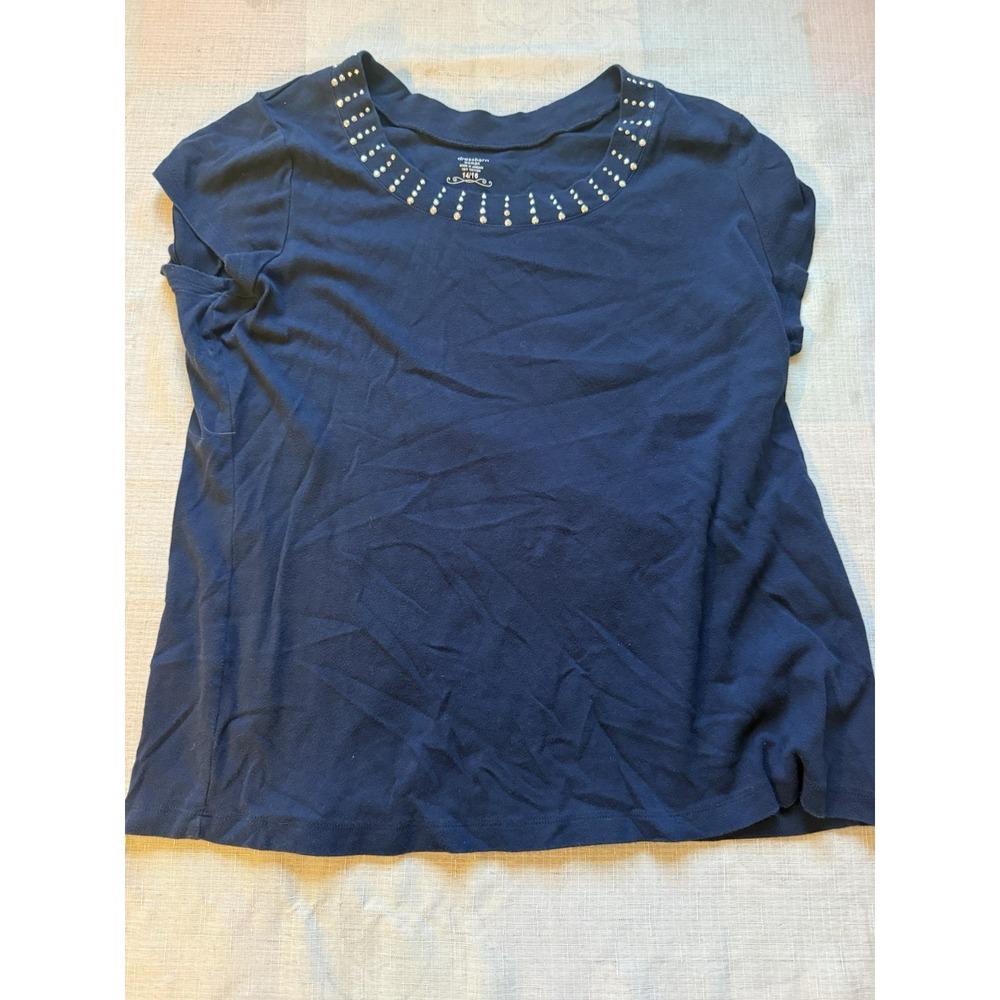 DressBarn Women Size 14/16 Navy Blue Studded ScoopNeck Short Sleeve Cotton Top—1